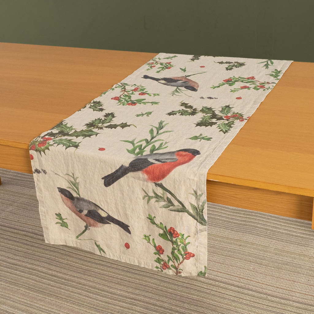Table Runner WINTER BULLFINCH / 48x136cm,  Natural