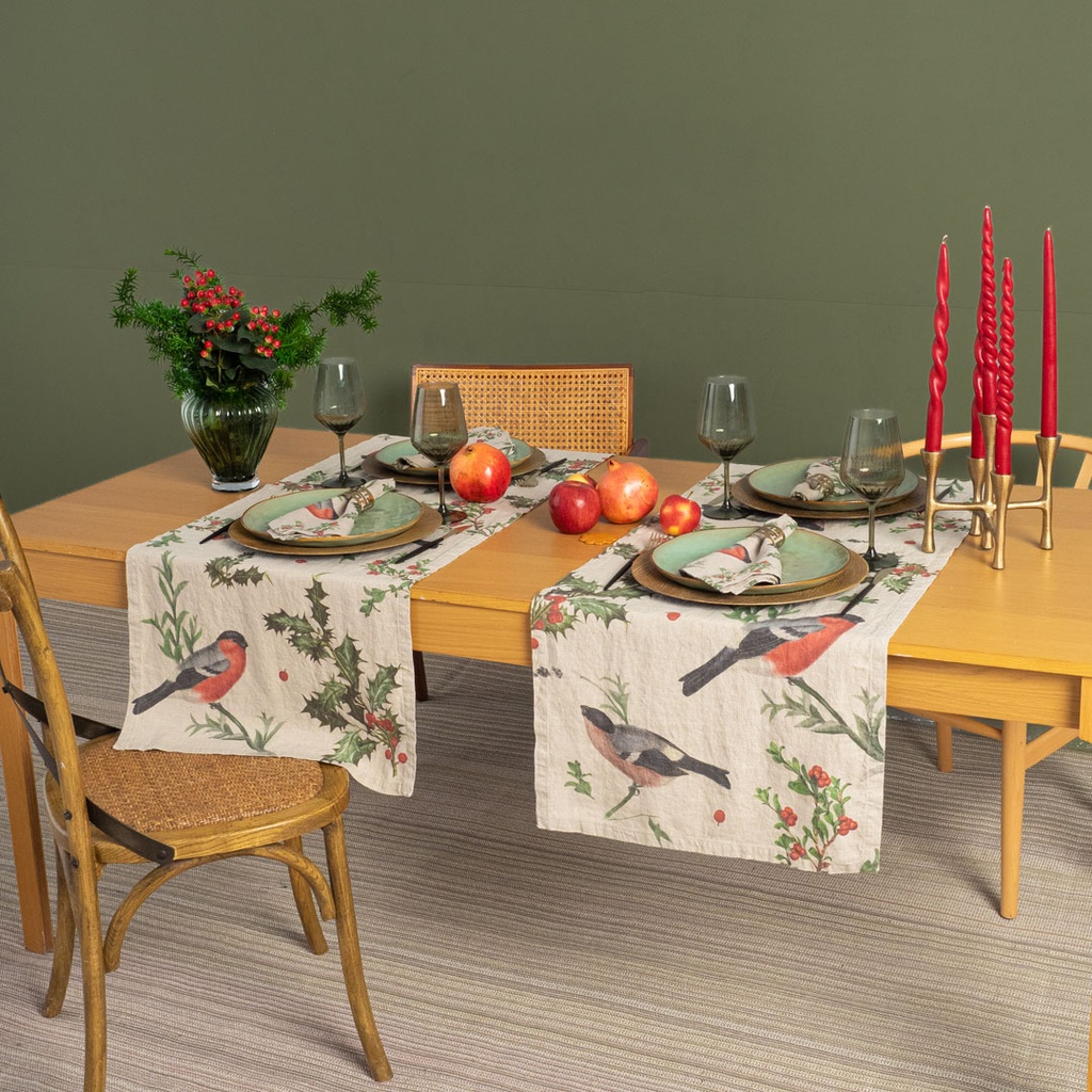 Table Runner WINTER BULLFINCH / 48x136cm,  Natural