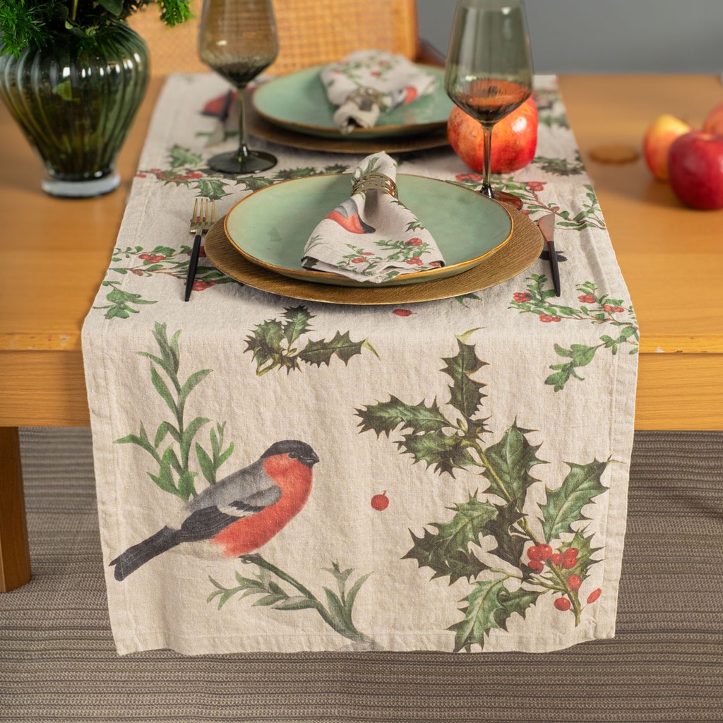 Table Runner WINTER BULLFINCH / 48x136cm,  Natural