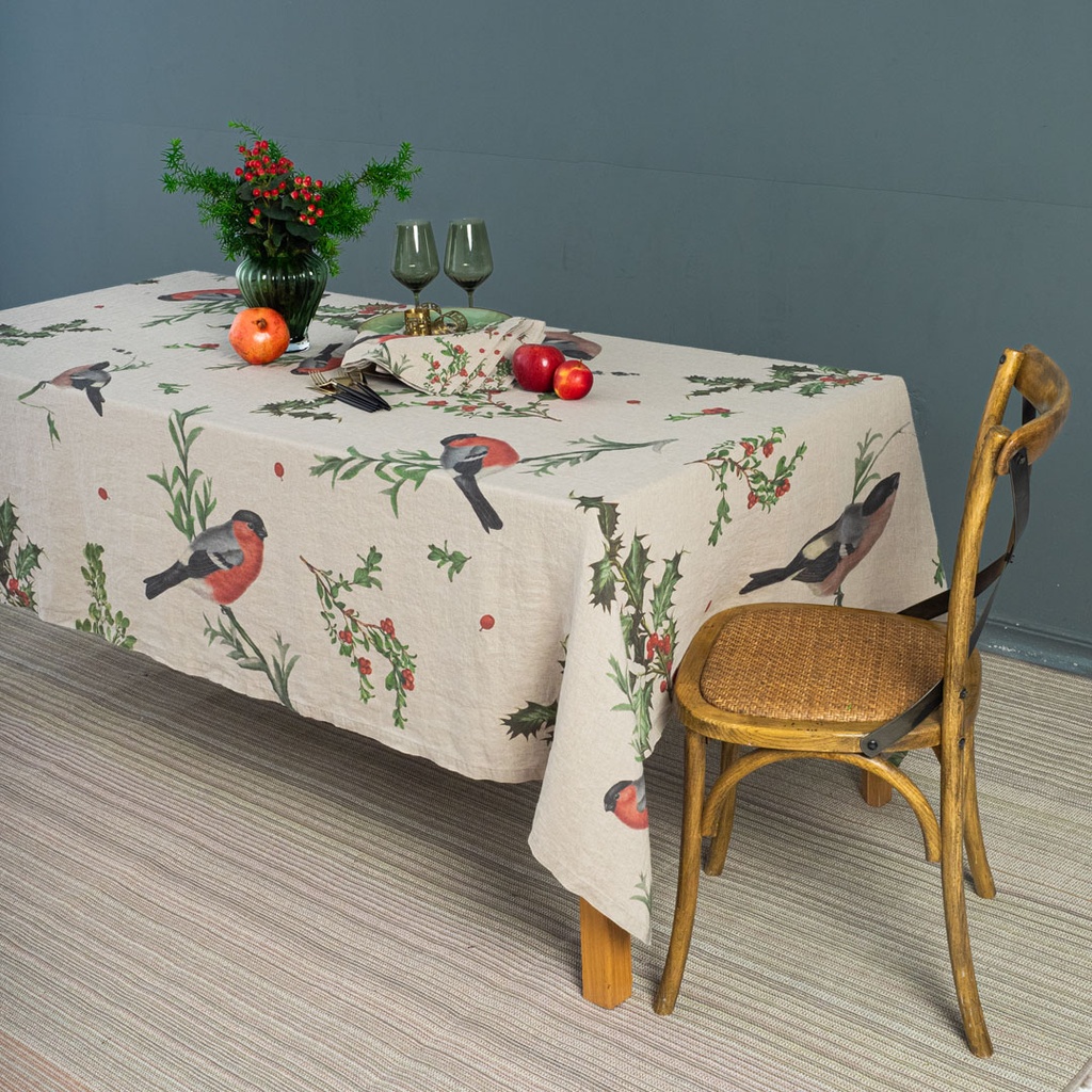 Linen tablecloth WINTER BULLFINCH / Natural