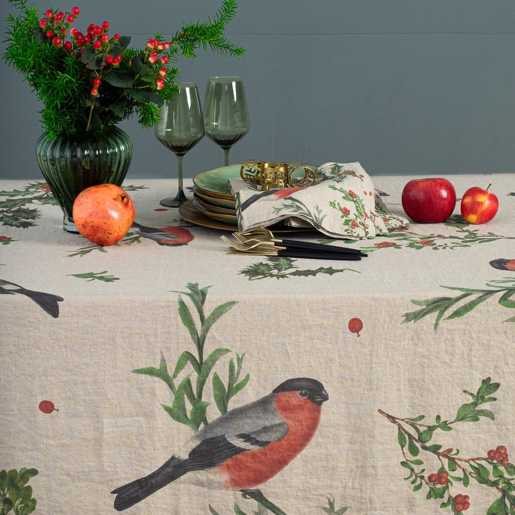 Linen tablecloth WINTER BULLFINCH / Natural