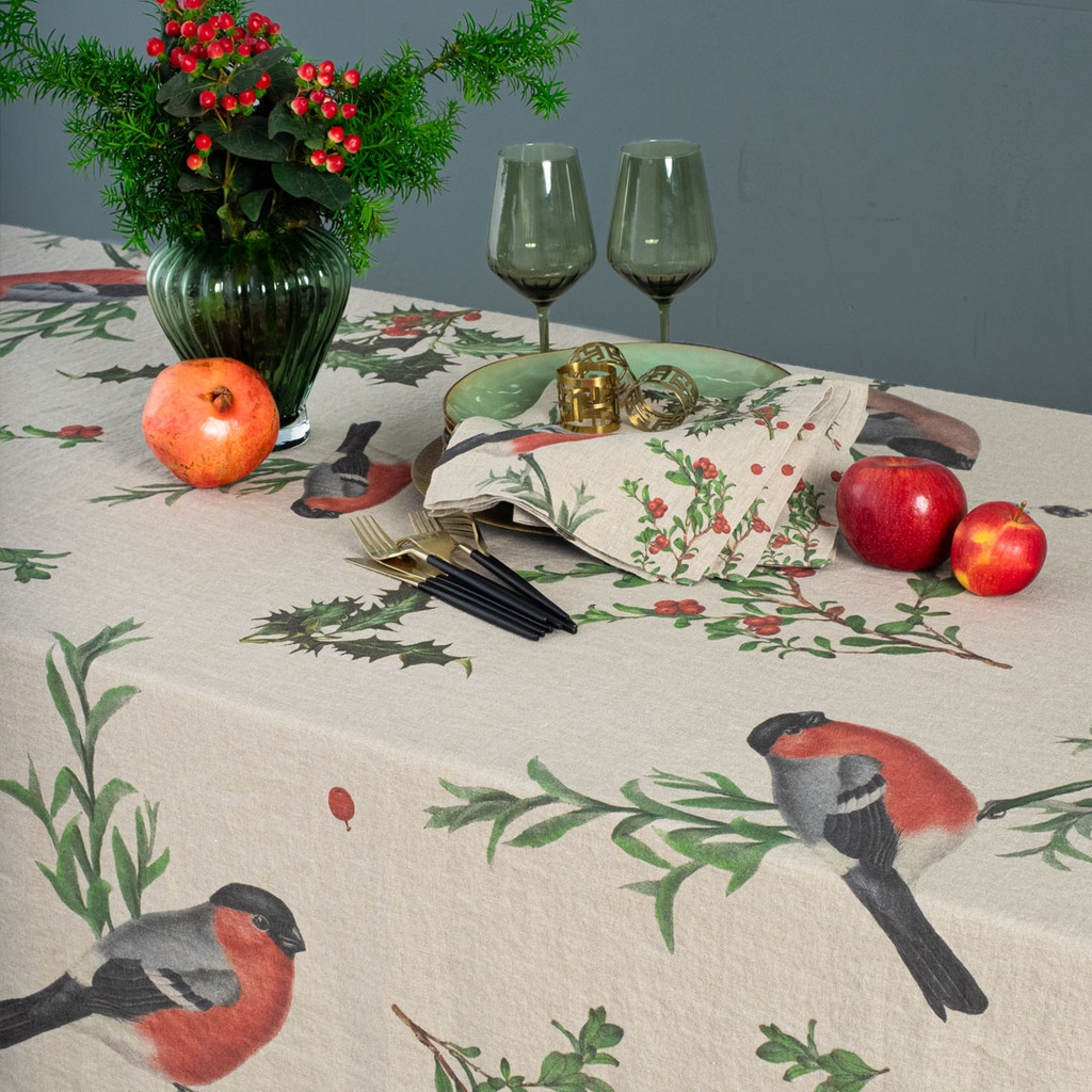 Linen tablecloth WINTER BULLFINCH / Natural