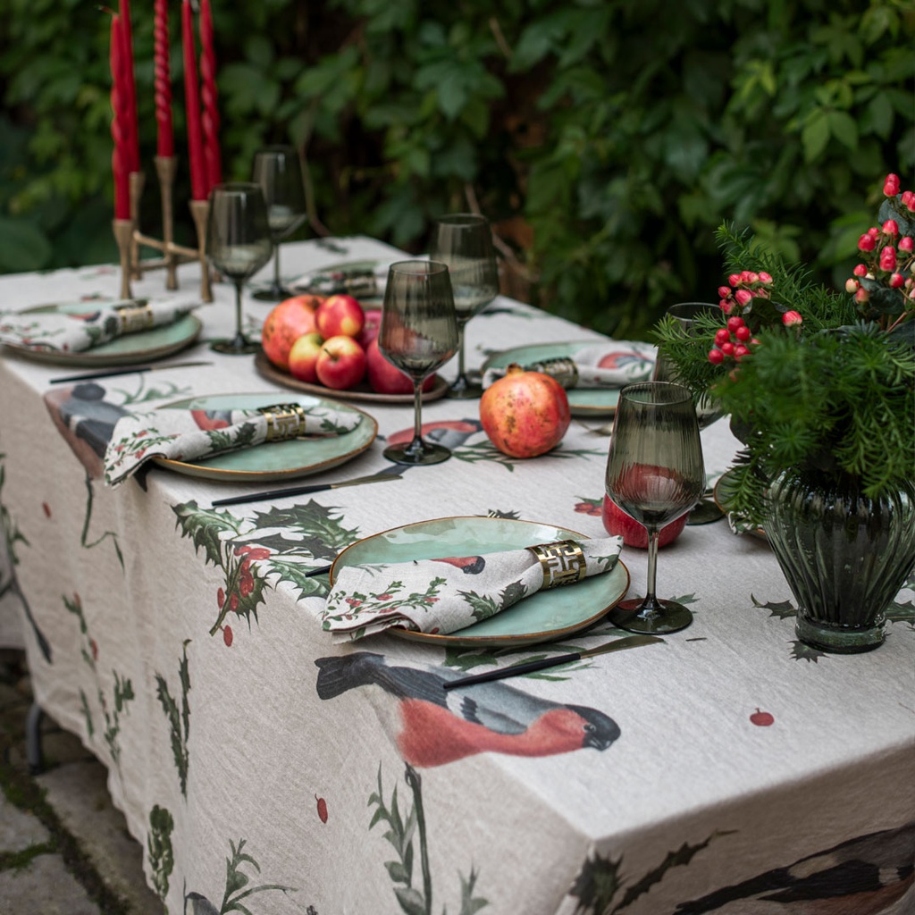 Linen tablecloth WINTER BULLFINCH / Natural