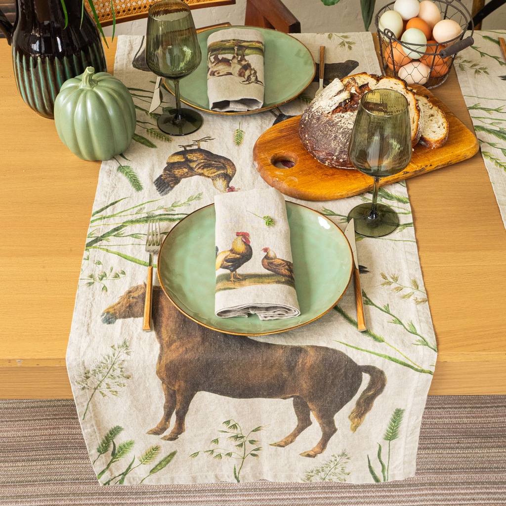 Table Runner FARM ANIMALS / 48x136cm,  Natural