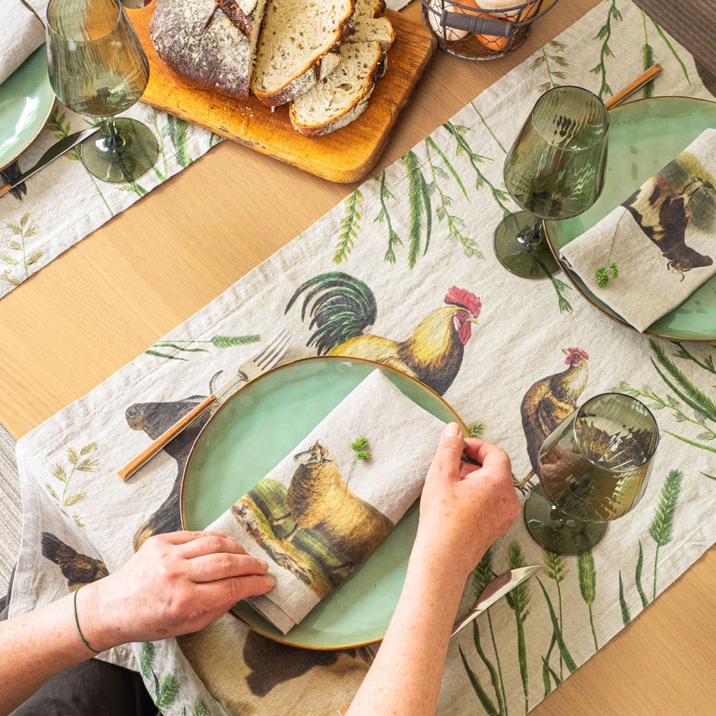 Table Runner FARM ANIMALS / 48x136cm,  Natural