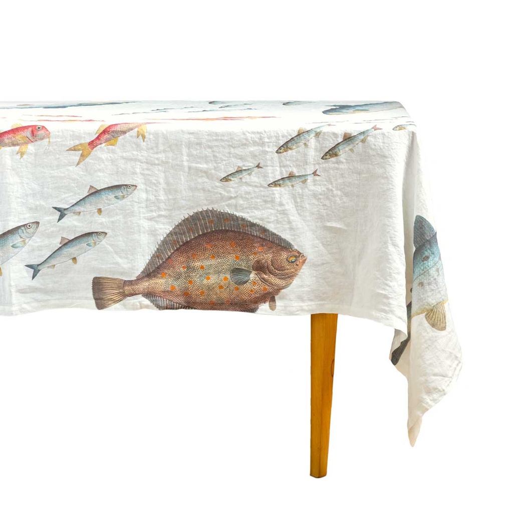 Linen tablecloth SEA FISH / Off White; 170x250cm
