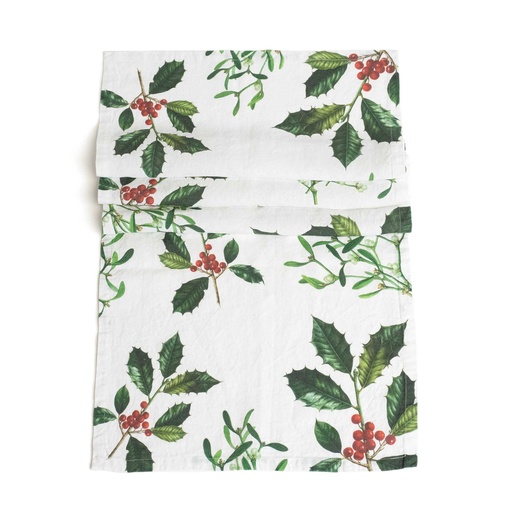 [8002SUR-HMW] Table Runner HOLLY & MISTLETOE  / White; 48x136cm