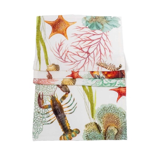 [8002SUR-OAO] Table Runner OCEAN ANIMALS  / 48x136cm; Off White