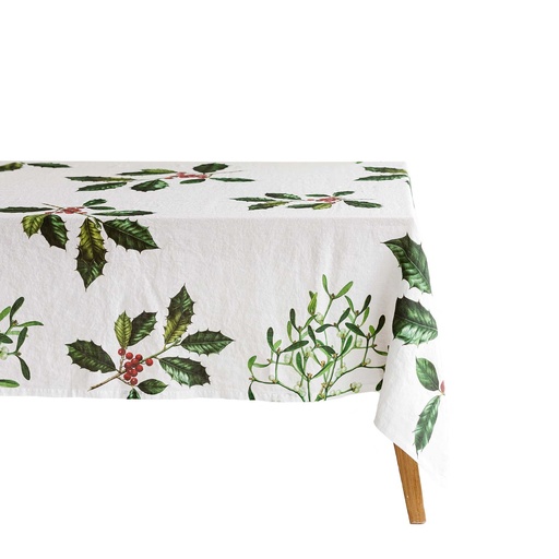[4006S-HMW] Linen tablecloth HOLLY & MISTLETOE / White (170x250 cm / 67x98 in)