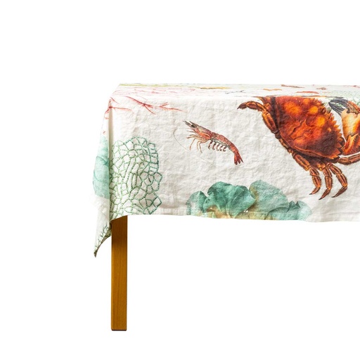 [4006S-OAO] Linen tablecloth OCEAN ANIMALS / Off White (170x250 cm / 67x98 in)