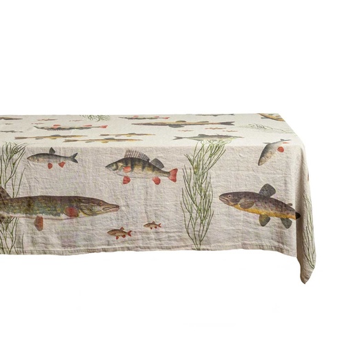 [4006S-FF] Linen tablecloth FRESHWATER FISH / Natural (170x250 cm / 67x98 in)