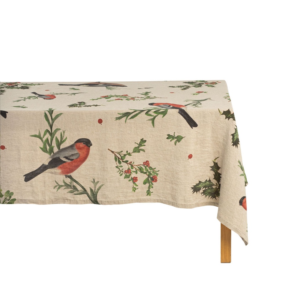 Linen tablecloth WINTER BULLFINCH / Natural